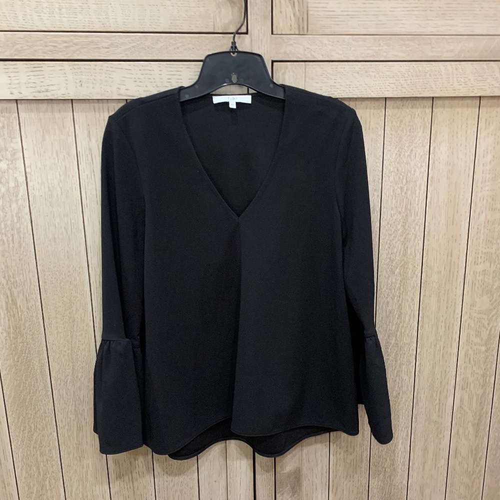 Tibi Chalky Drape V Neck Ruffle Bell Sleeve Top, Black, Size XXS